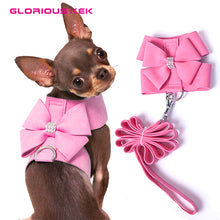 GLORIOUS KEK Soft Suede Leather Small Dog Harness for Puppies Chihuahua Yorkie Cute Pet Harness with Leash Bow Rhinestones Pink